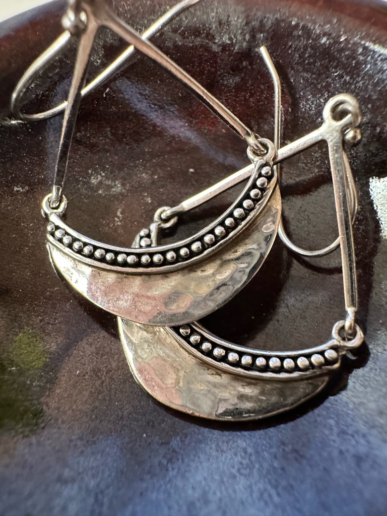 Sterling Silver Hammered Crescent Beaded Drop Earrings - Vintage From Mexico
